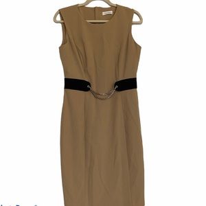 Calvin Klein Nude Sheath Work Dress w/ chain belt